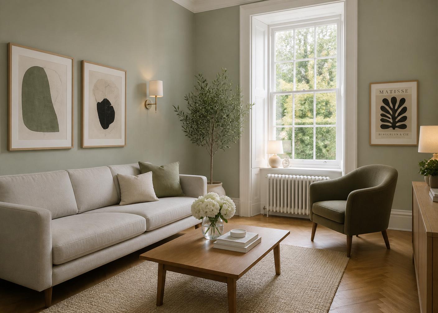 A peaceful consulting room with a grey sofa, olive armchair and soft natural light