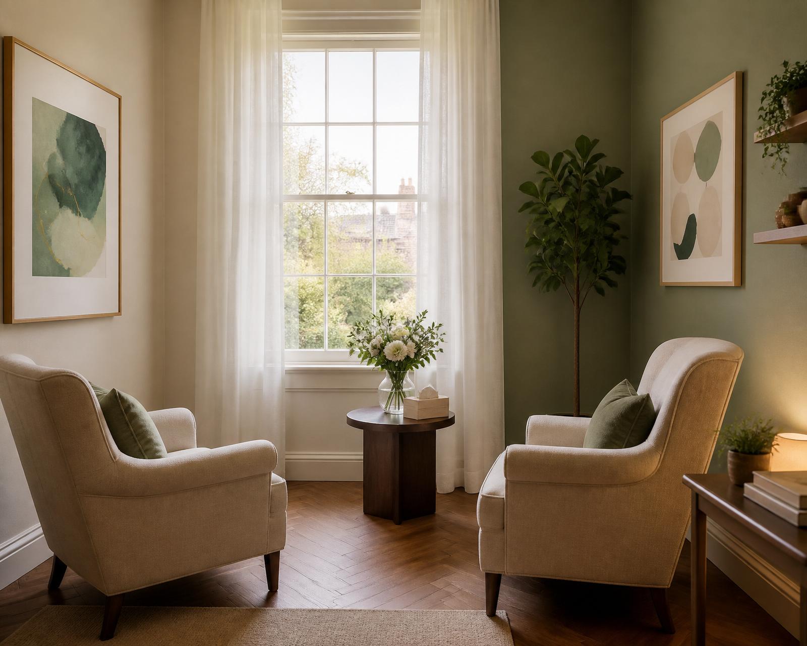 A warm, inviting coaching and therapy room with two armchairs in soft daylight