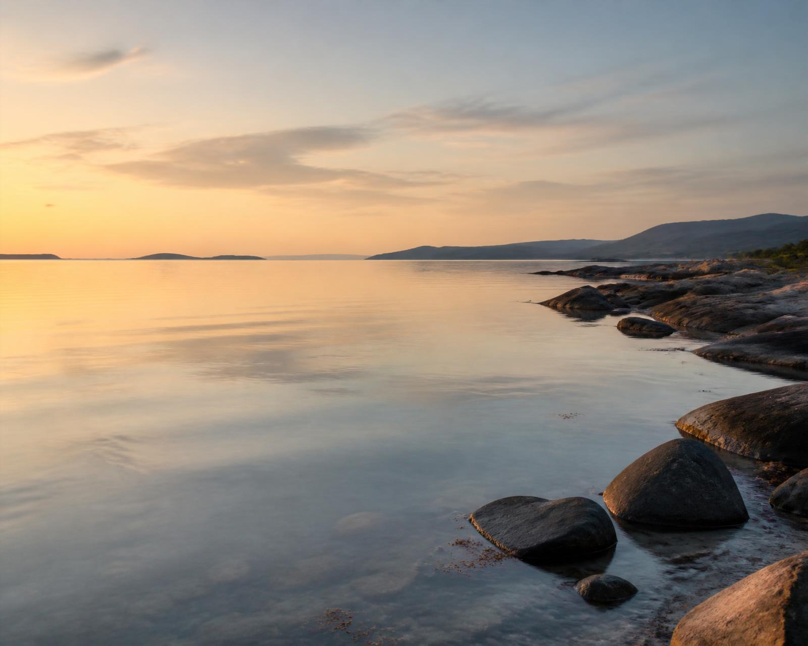 A calm shoreline at golden hour with still water and distant hills